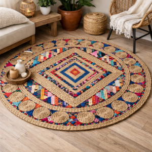 Alfombra de Yute Multicolor – Estilo Boho Artesanal